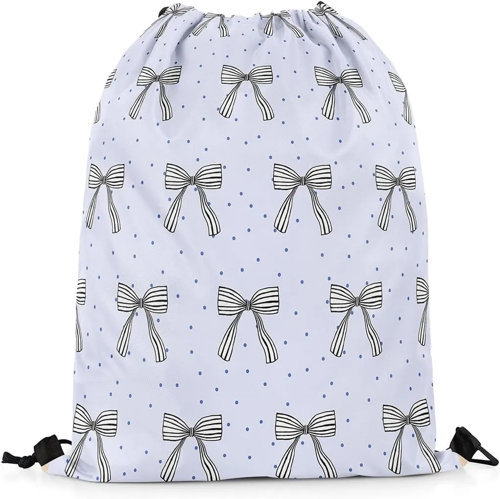 Manfei Cute Bowknot Draw String Bag,Dreamy Princess Style Bow-tie Polka Dots Drawstring Backpack for Gym Sports,Bowknots Kawaii Blue Large Capacity Sackpack,Waterproof