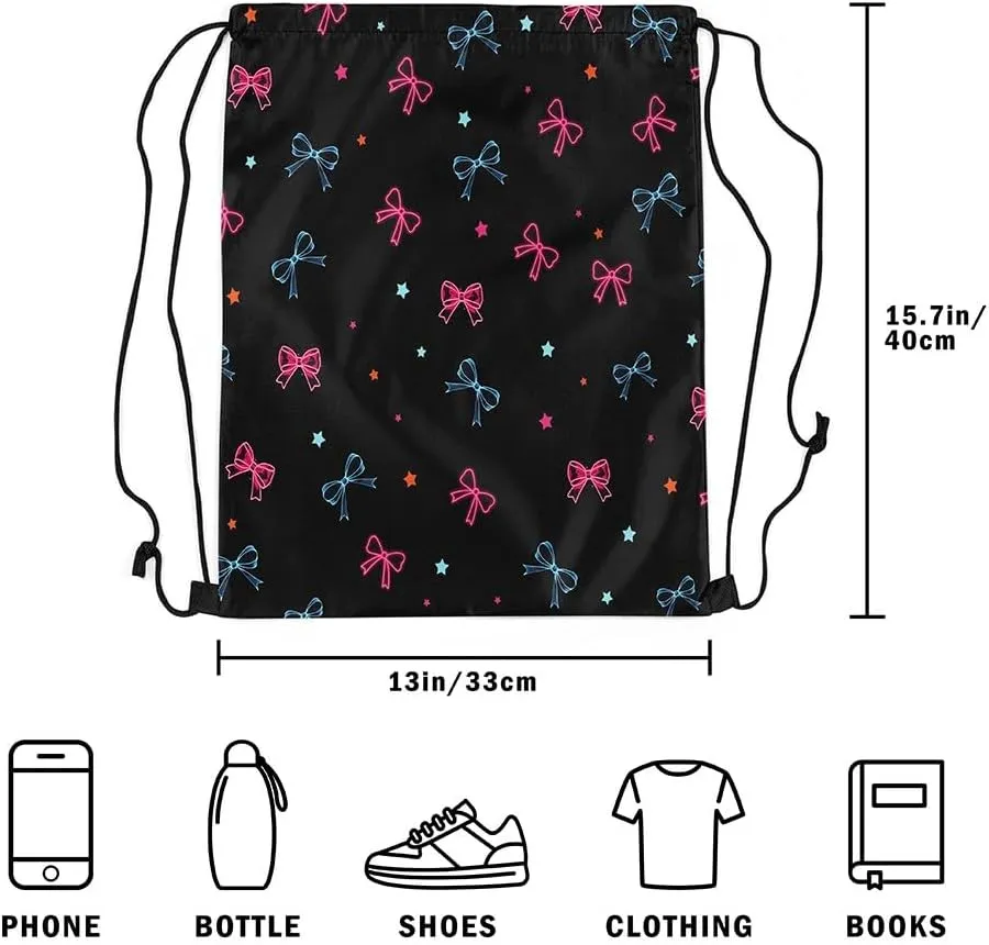 Manfei Cute Bowknot Drawstring Backpack,Cartoon Neon Pink Blue Bow-tie Starry Drawstring Bag,Romantic Princess Style Kawaii Black Draw String Bag Gym Packs Large Capacity,Lightweight