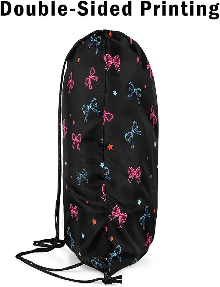 Manfei Cute Bowknot Drawstring Backpack,Cartoon Neon Pink Blue Bow-tie Starry Drawstring Bag,Romantic Princess Style Kawaii Black Draw String Bag Gym Packs Large Capacity,Lightweight