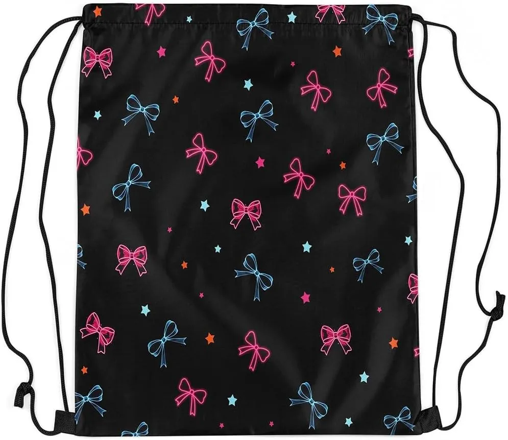 Manfei Cute Bowknot Drawstring Backpack,Cartoon Neon Pink Blue Bow-tie Starry Drawstring Bag,Romantic Princess Style Kawaii Black Draw String Bag Gym Packs Large Capacity,Lightweight