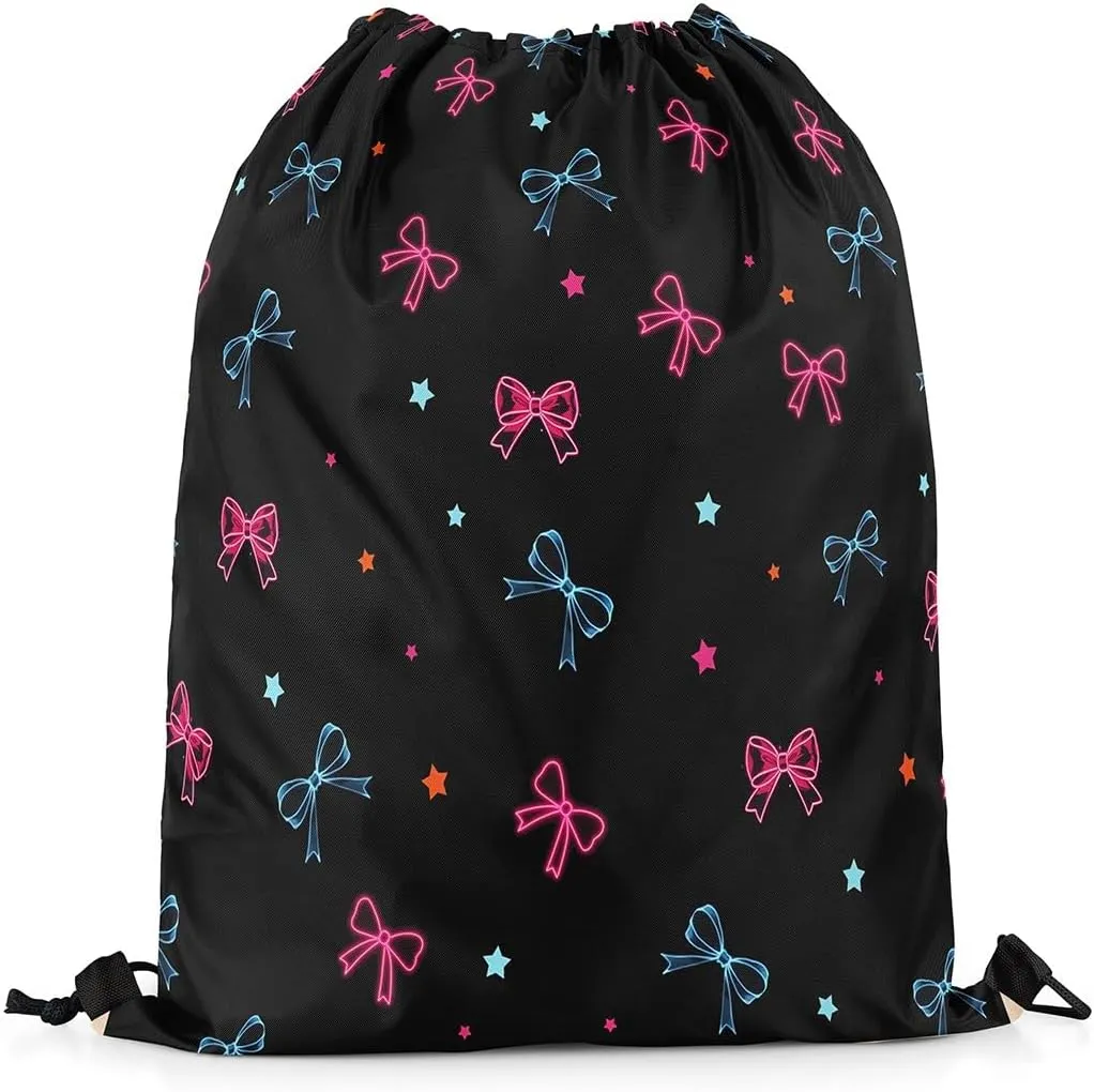 Manfei Cute Bowknot Drawstring Backpack,Cartoon Neon Pink Blue Bow-tie Starry Drawstring Bag,Romantic Princess Style Kawaii Black Draw String Bag Gym Packs Large Capacity,Lightweight