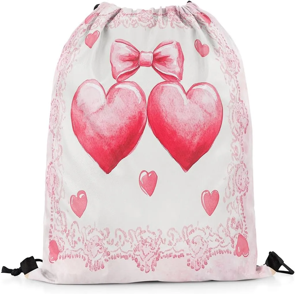 Manfei Love Hearts Draw String Bag,Pink Lace Princess Bowknot Dreamy Drawstring Backpack for Gym Sports,Romantic Red Heart Valentine's Day Theme Large Capacity Sackpack,Waterproof