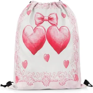 Manfei Love Hearts Draw String Bag,Pink Lace Princess Bowknot Dreamy Drawstring Backpack for Gym Sports,Romantic Red Heart Valentine's Day Theme Large Capacity Sackpack,Waterproof