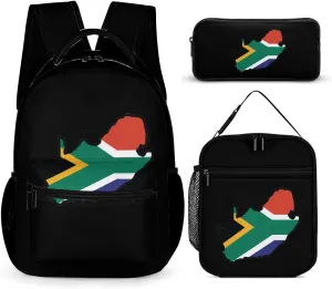 Map of South Africa Flag Unisex 3 Pcs Backpack Combination Set 16 in Daypack Insulated Lunch Bag Portable Pencil Case