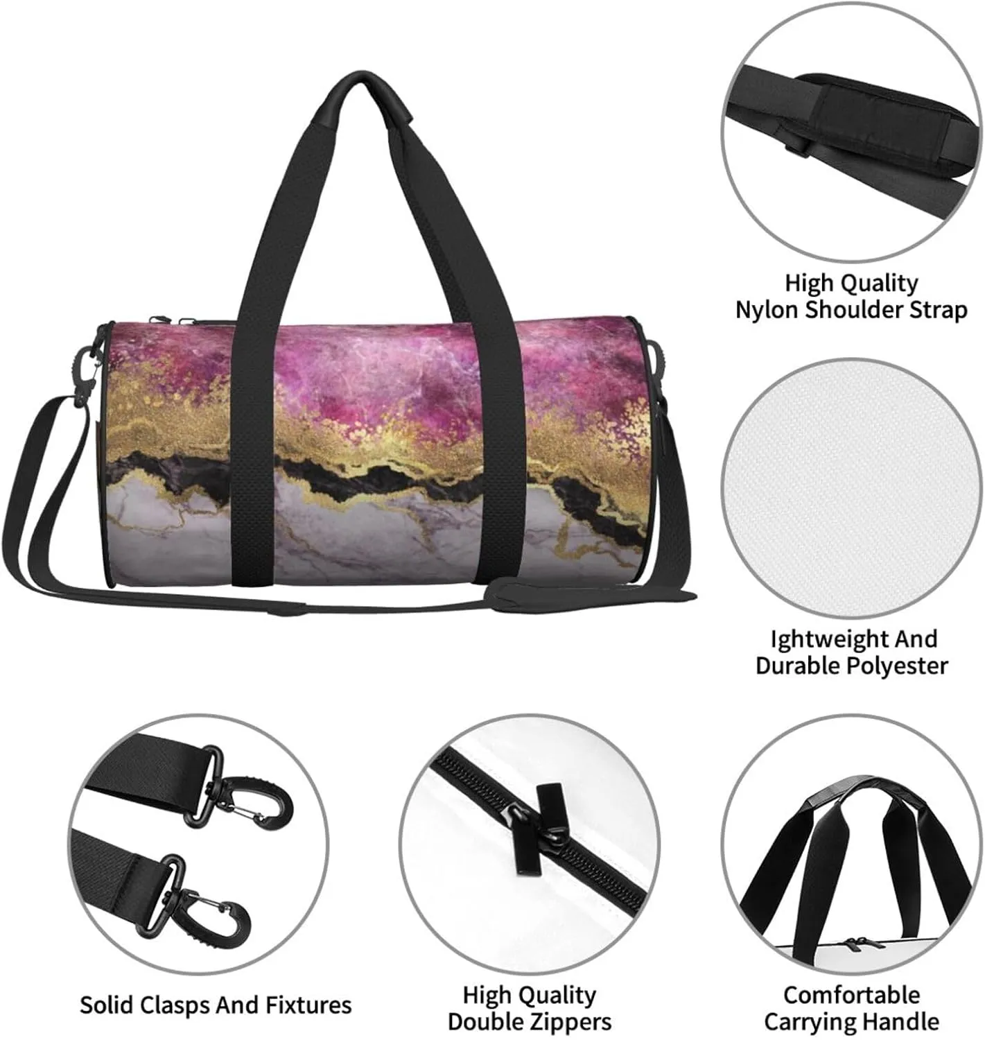 Marble Abstract Purple Pink Gold Modern Foldable Duffle Bag For Women - Workout Bag For Gym Men - Boy Gym Bag - Girls Small Weekender Duffel Bag - Packable Luggage Bag For Travel Sports