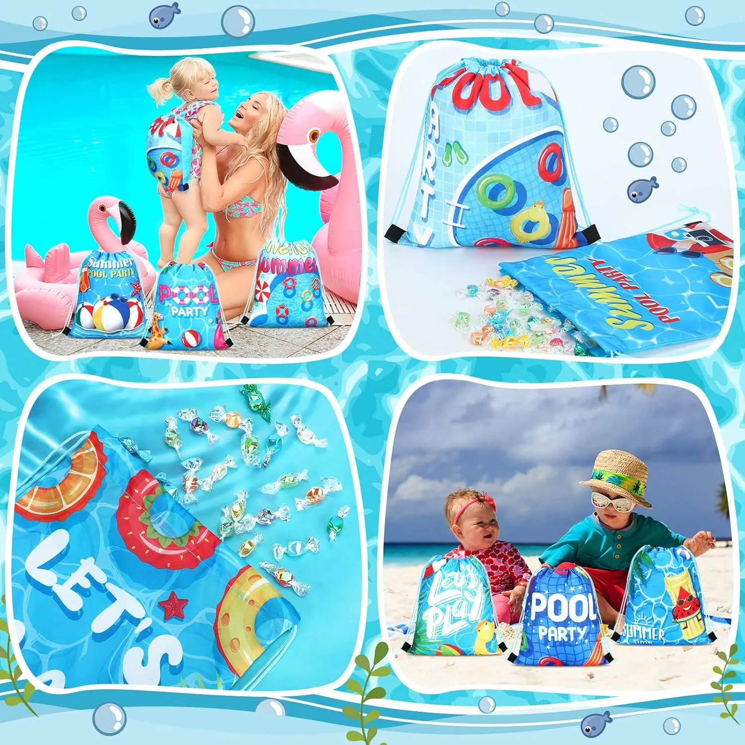 Marsui 24 Pcs Pool Party Favor Drawstring Bags Gift Goodie Candy Favors Bags for Birthday Party Supplies