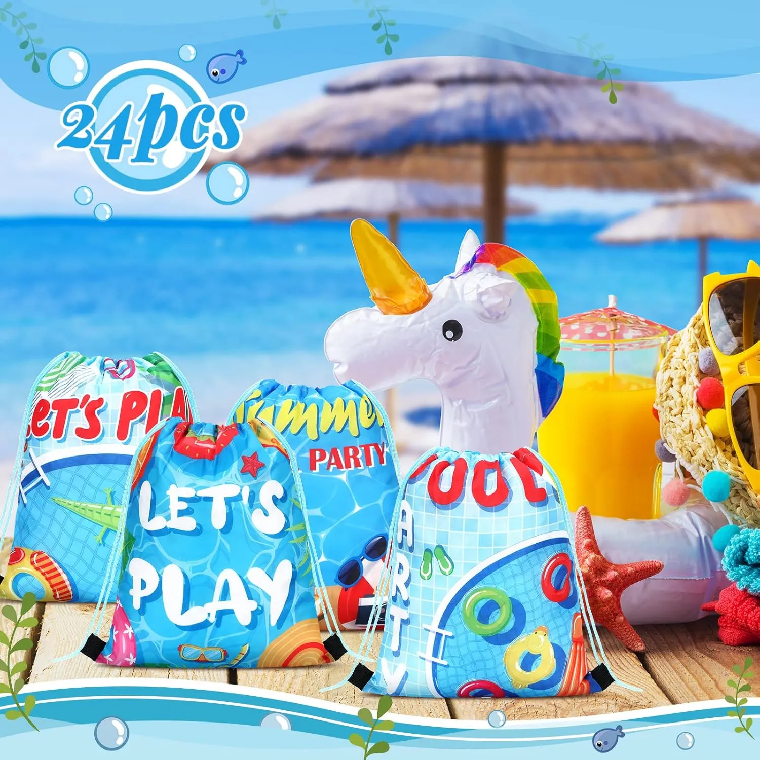 Marsui 24 Pcs Pool Party Favor Drawstring Bags Gift Goodie Candy Favors Bags for Birthday Party Supplies