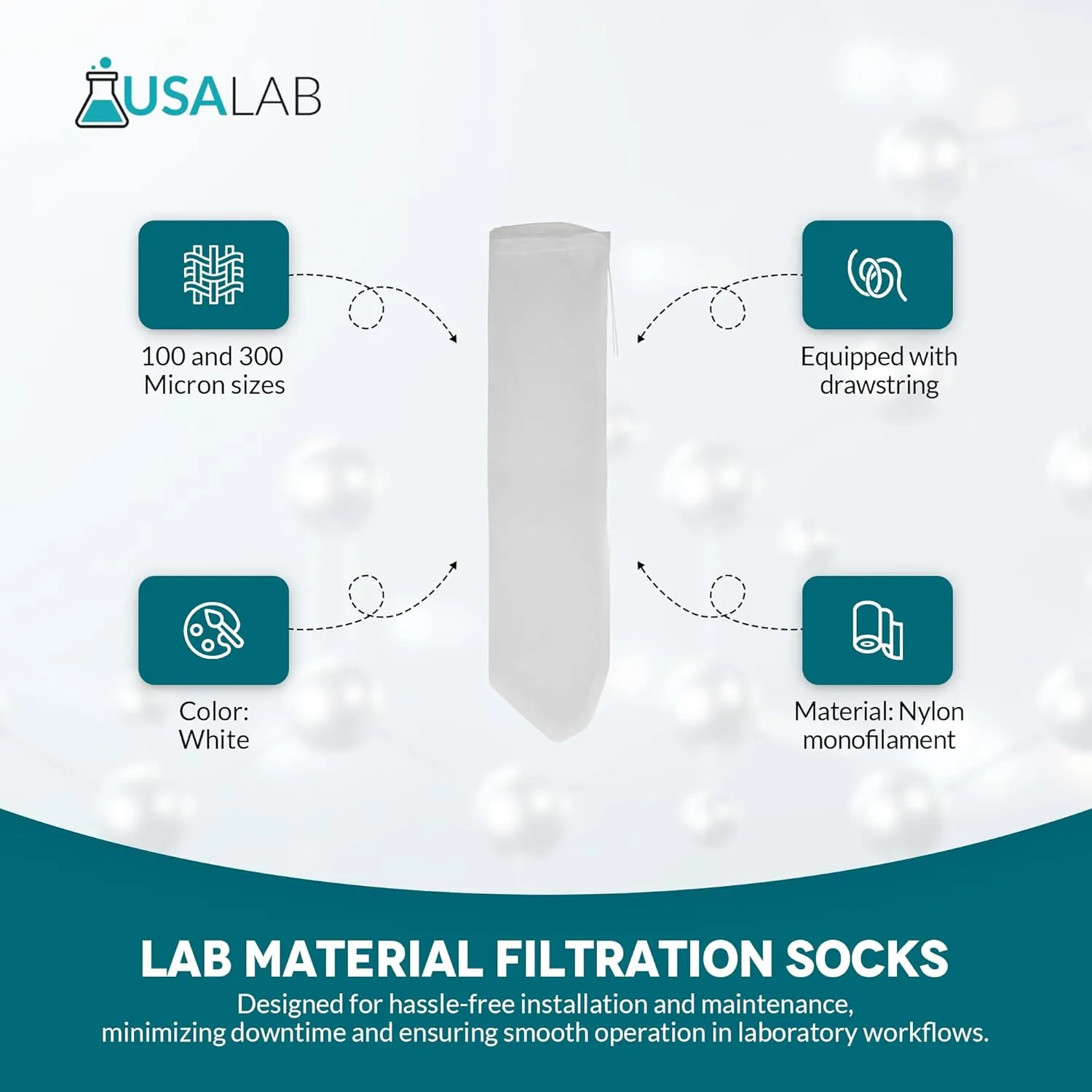 Material Socks for Industrial and Laboratory Liquid Solid Separation, Filtration Bag Accessory with Drawstring Closure, Extraction and Purification of Substances, 4 x 36 Inches 100 Micron