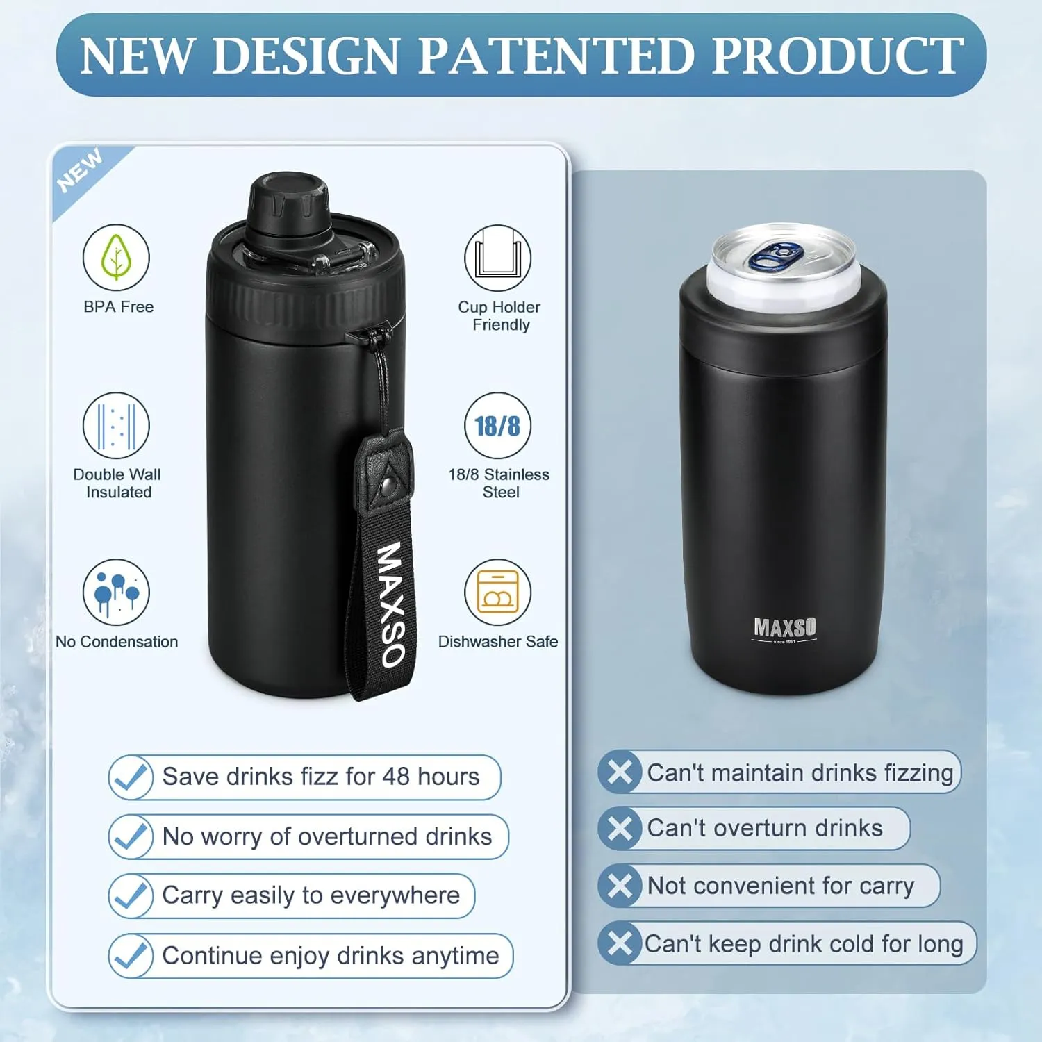 MAXSO Sealed Can Cooler Fizz Lid Can Cover for 12 oz Regular, Slim Skinny Cans & As Thermal Bottle, 4-in-1 Insulated Vacuum Stainless Steel Carbonated Cold Drink Holder - Black