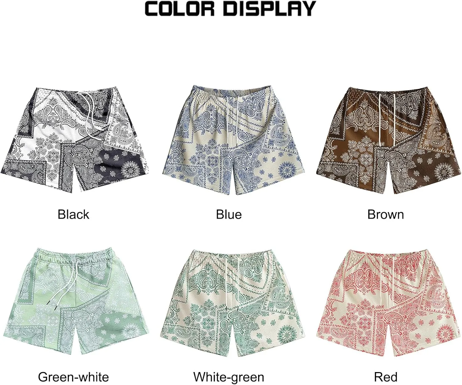 MECH-ENG Men's Paisley Shorts Mesh Graphic Bandana Print Boho Summer Beach Lightweight Drawstring Shorts