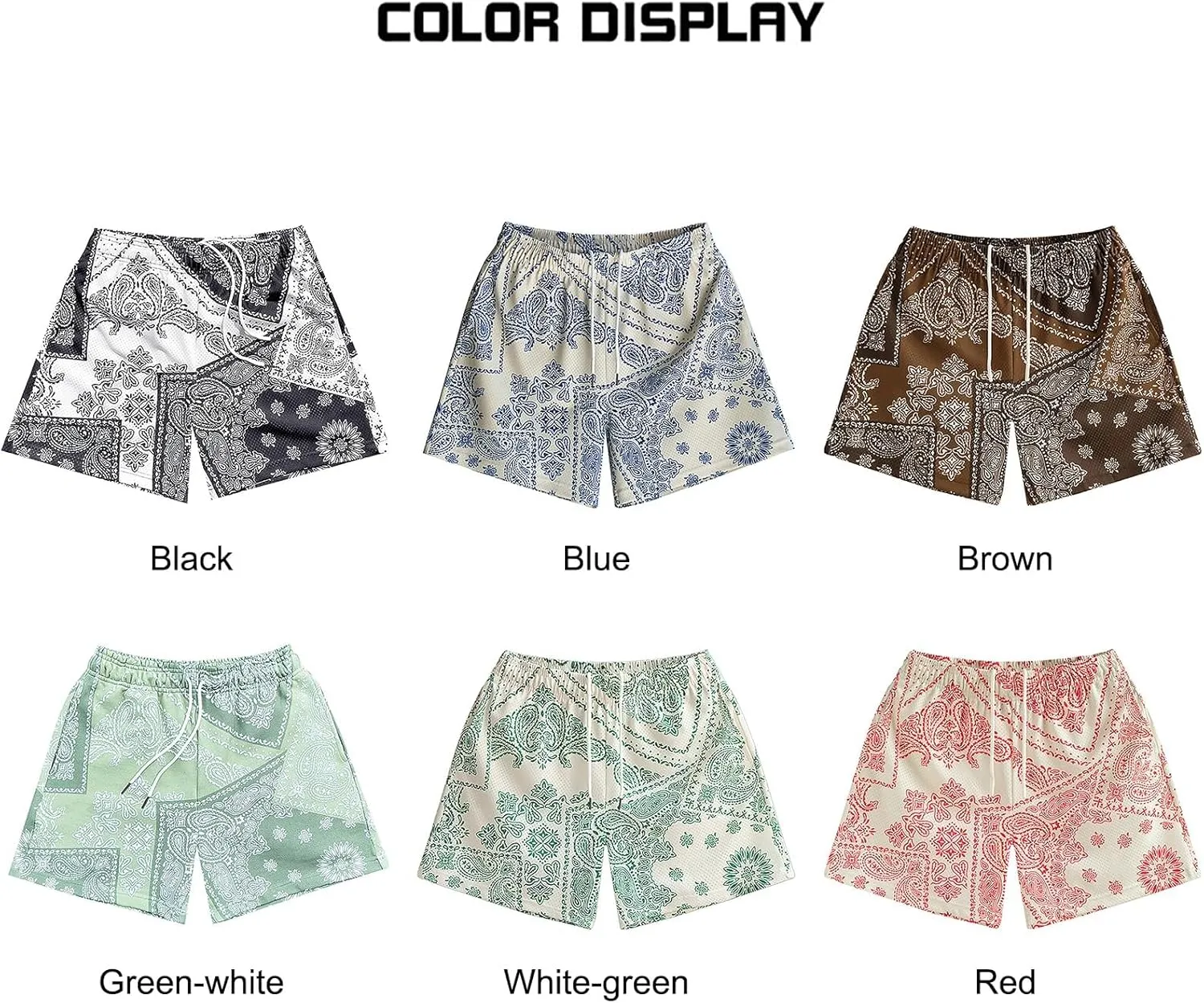 MECH-ENG Men's Paisley Shorts Mesh Graphic Bandana Print Boho Summer Beach Lightweight Drawstring Shorts