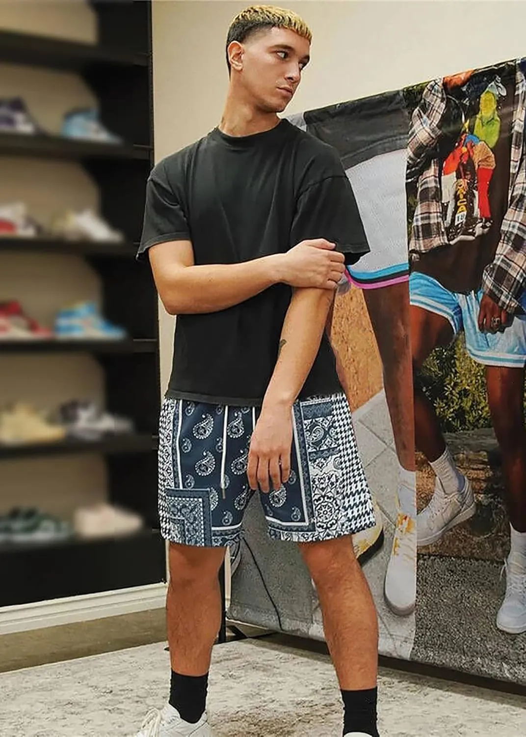 MECH-ENG Men's Paisley Shorts Mesh Graphic Bandana Print Boho Summer Beach Lightweight Drawstring Shorts