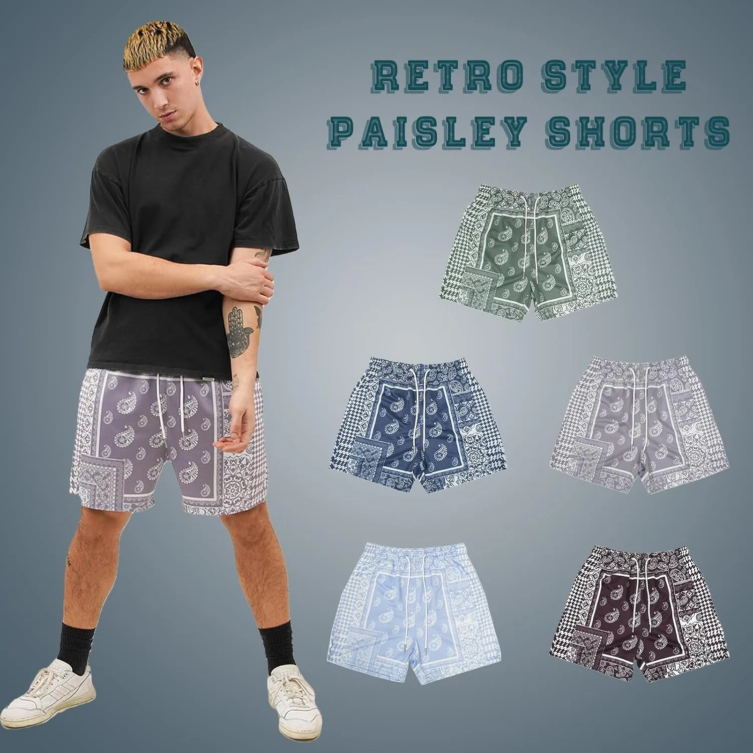 MECH-ENG Men's Paisley Shorts Mesh Graphic Bandana Print Boho Summer Beach Lightweight Drawstring Shorts