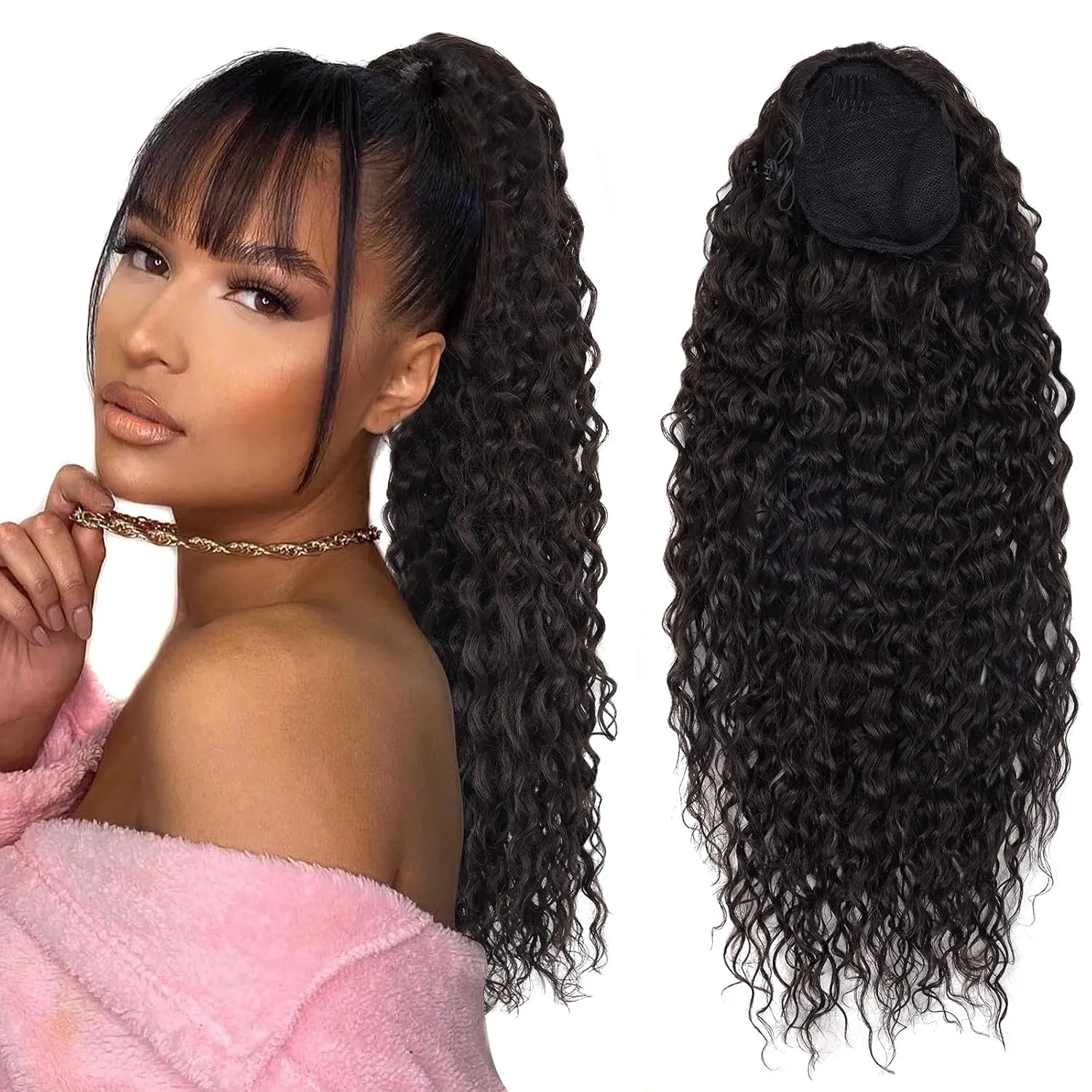 Meepo 24 Inch Curly Ponytail Extensions Synthetic Deep Wave Drawstring Ponytail For Black Women Human Hair Feeling With Clip In Thick Ponytail Hair Cholocate Brown Hairpiece(4#,160g) (24inch, 4#)
