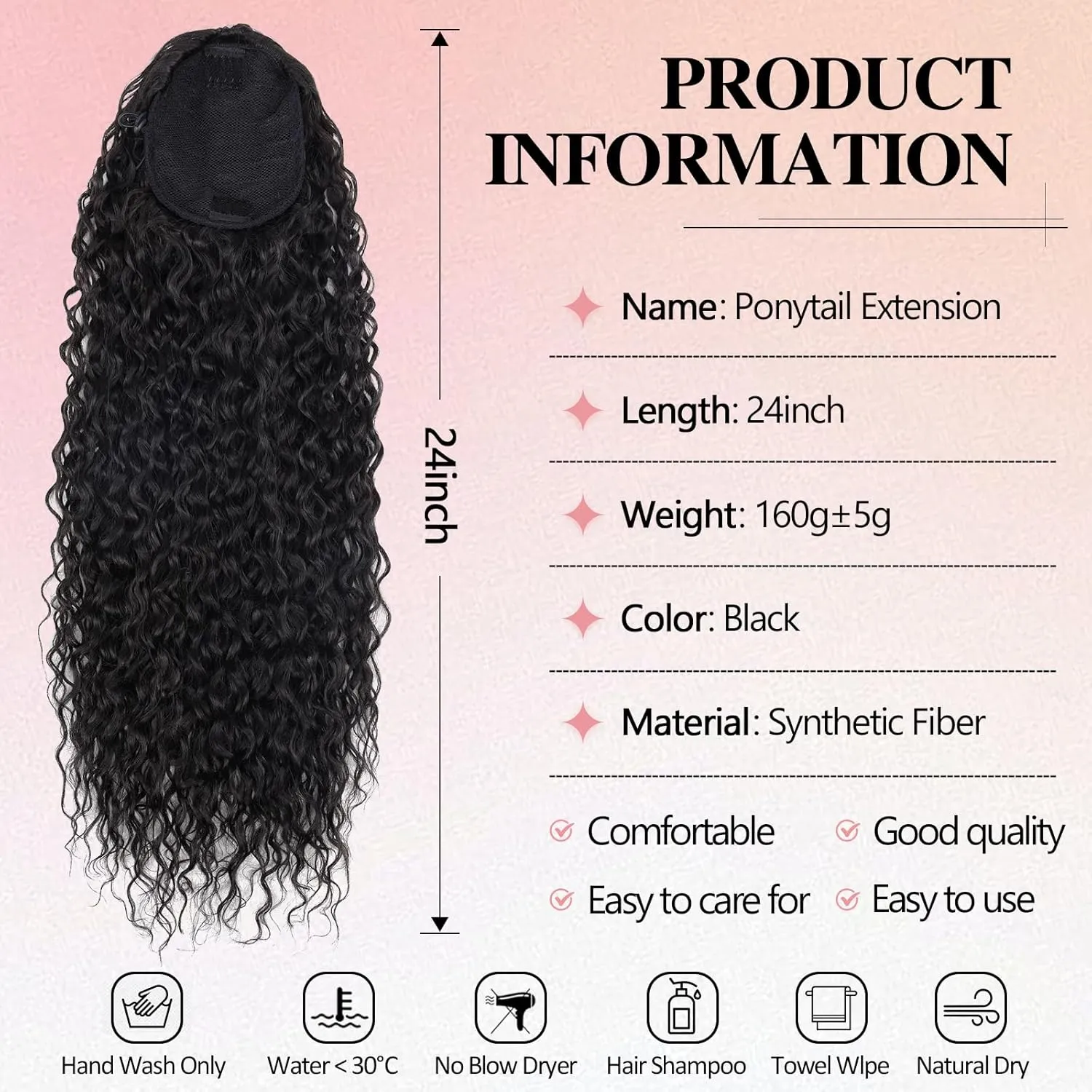 Meepo 24 Inch Curly Ponytail Extensions Synthetic Deep Wave Drawstring Ponytail For Black Women Human Hair Feeling With Clip In Thick Ponytail Hair Natural Black Hairpiece(1b#,160g) (24inch, 1b#)