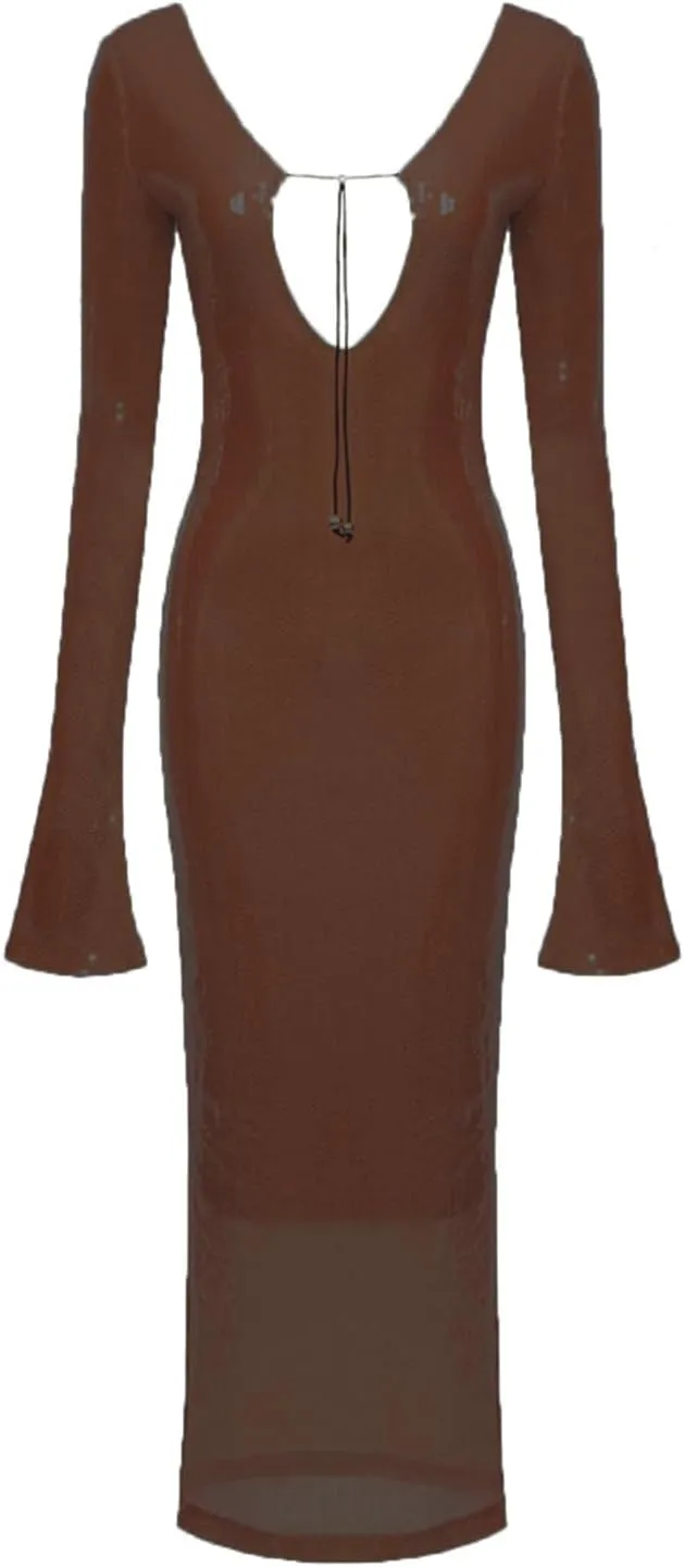 meilun Deep V Dress with Drawstring Long Sleeve Sequin Dress for Women Long Gown