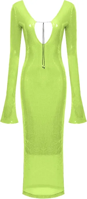 meilun Deep V Dress with Drawstring Long Sleeve Sequin Dress for Women Long Gown