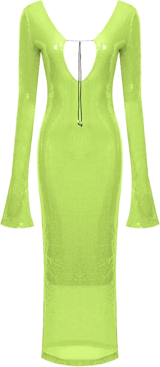 meilun Deep V Dress with Drawstring Long Sleeve Sequin Dress for Women Long Gown