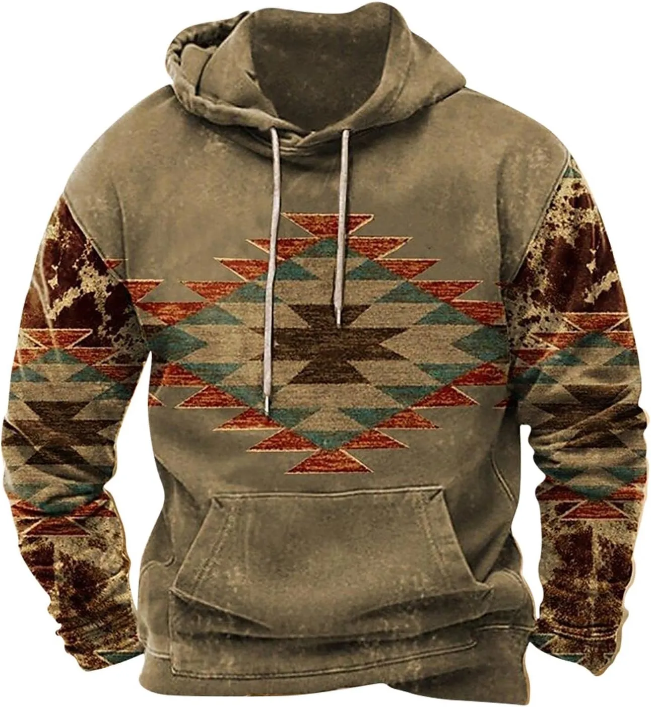 Men Hoodies Pullover Drawstring Aztec Ethnic Western Hooded Sweatshirts Casual Loose Ethnic Print Pullover Shirts