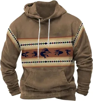 Men Hoodies Pullover Drawstring Aztec Ethnic Western Hooded Sweatshirts Casual Loose Ethnic Print Pullover Shirts