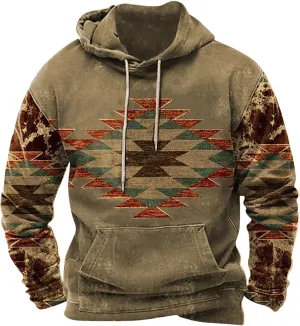 Men Hoodies Pullover Drawstring Aztec Ethnic Western Hooded Sweatshirts Casual Loose Ethnic Print Pullover Shirts
