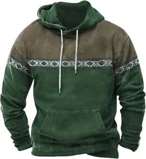 Men Hoodies Pullover Drawstring Aztec Ethnic Western Hooded Sweatshirts Casual Loose Ethnic Print Pullover Shirts