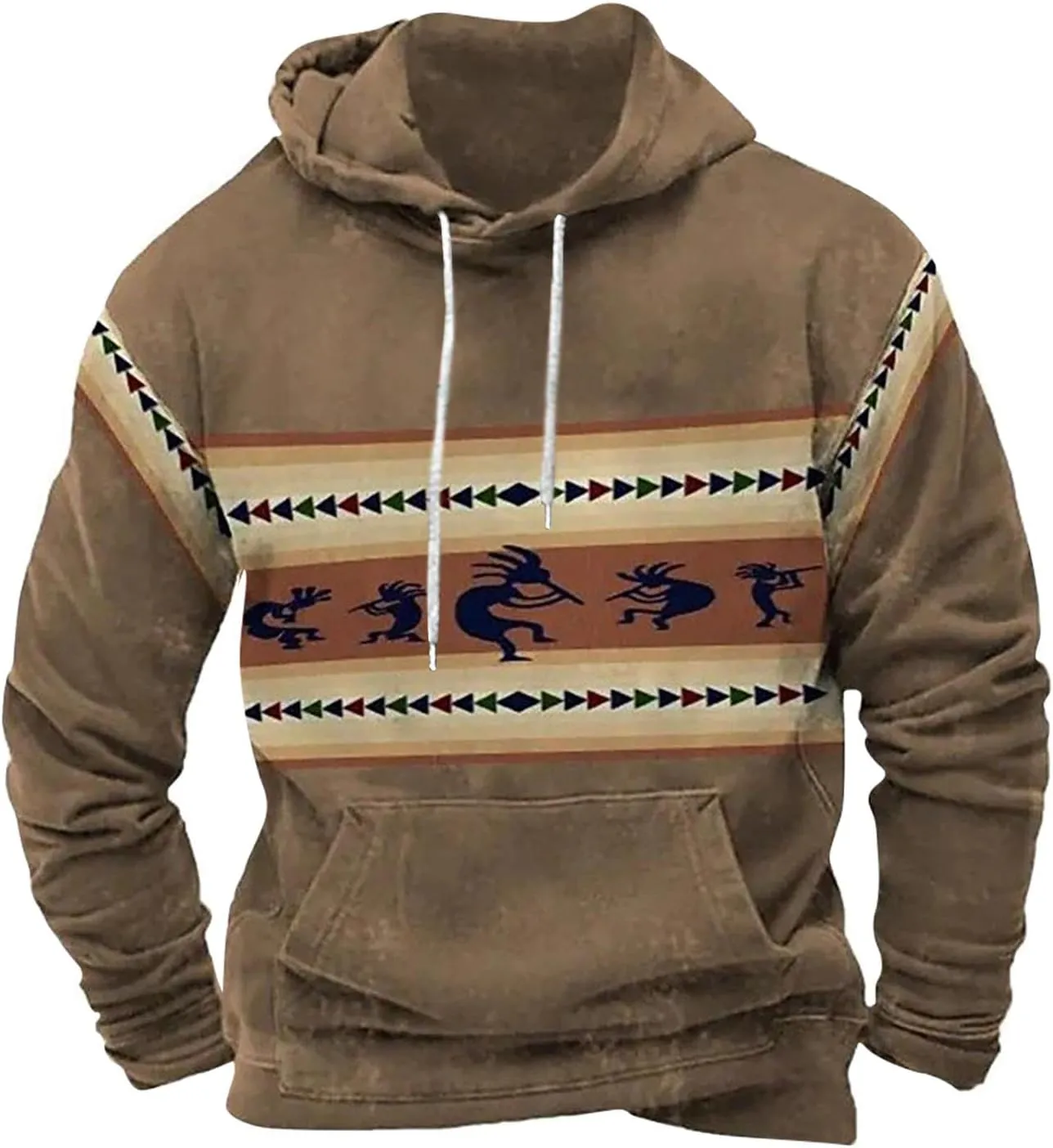 Men Hoodies Pullover Drawstring Aztec Ethnic Western Hooded Sweatshirts Casual Loose Ethnic Print Pullover Shirts