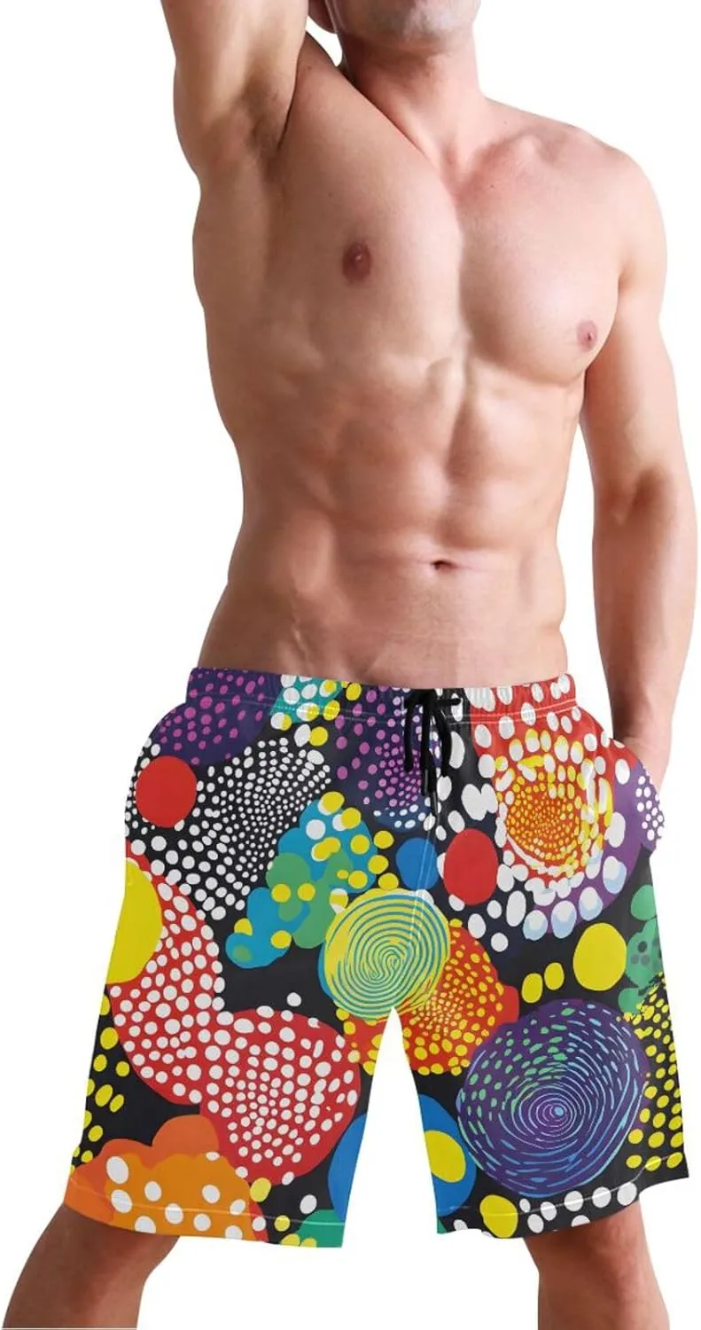 Men Swim Trunks-Colored Abstract Circle, Beach Shorts with Inner Lining Quick Dry Board Shorts S