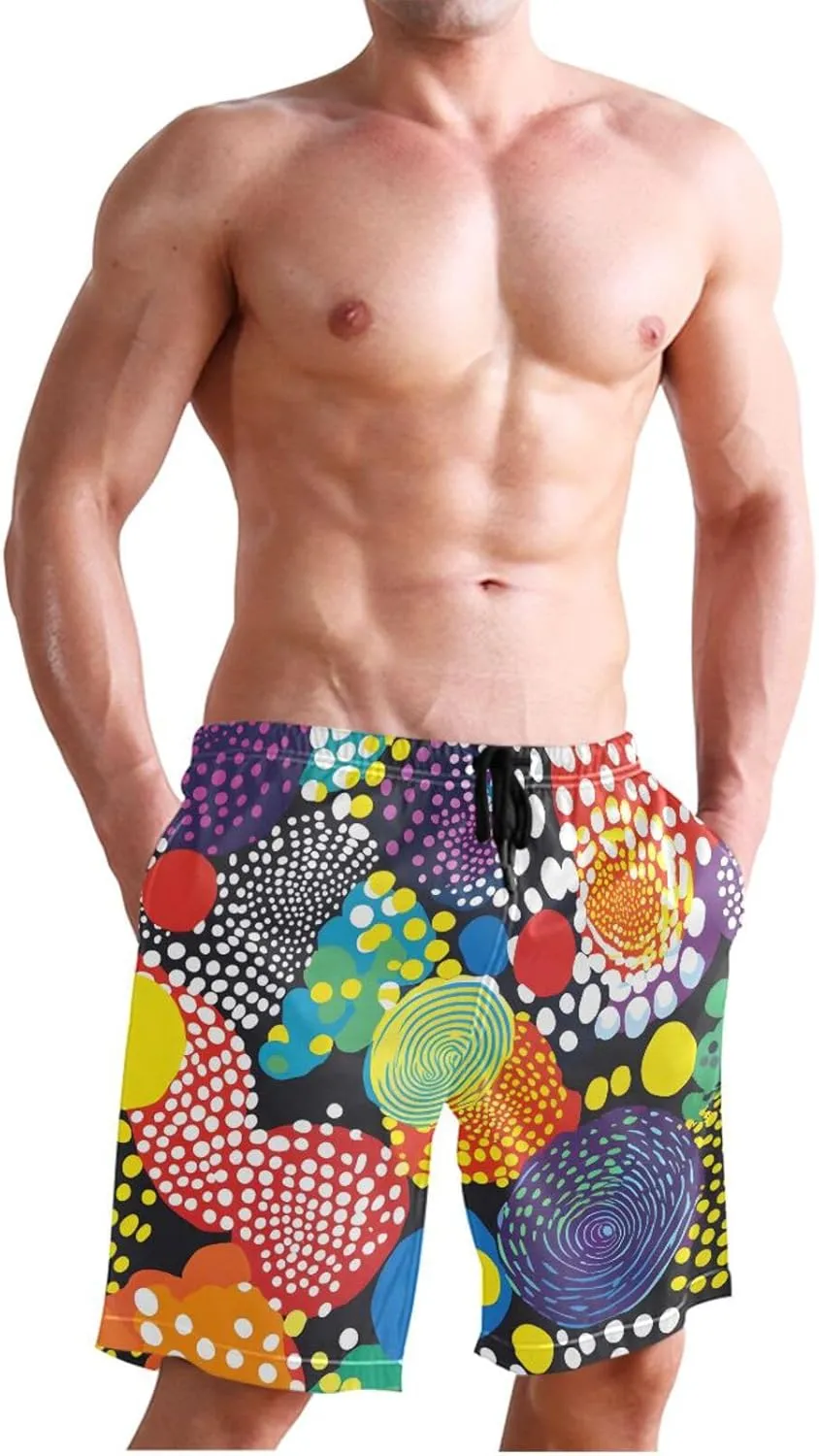 Men Swim Trunks-Colored Abstract Circle, Beach Shorts with Inner Lining Quick Dry Board Shorts S
