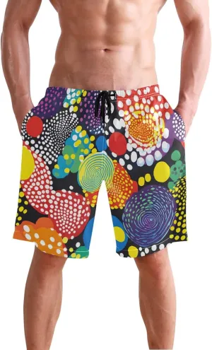 Men Swim Trunks-Colored Abstract Circle, Beach Shorts with Inner Lining Quick Dry Board Shorts S