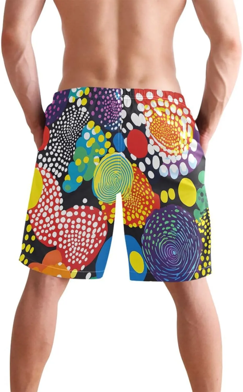 Men Swim Trunks-Colored Abstract Circle, Beach Shorts with Inner Lining Quick Dry Board Shorts S