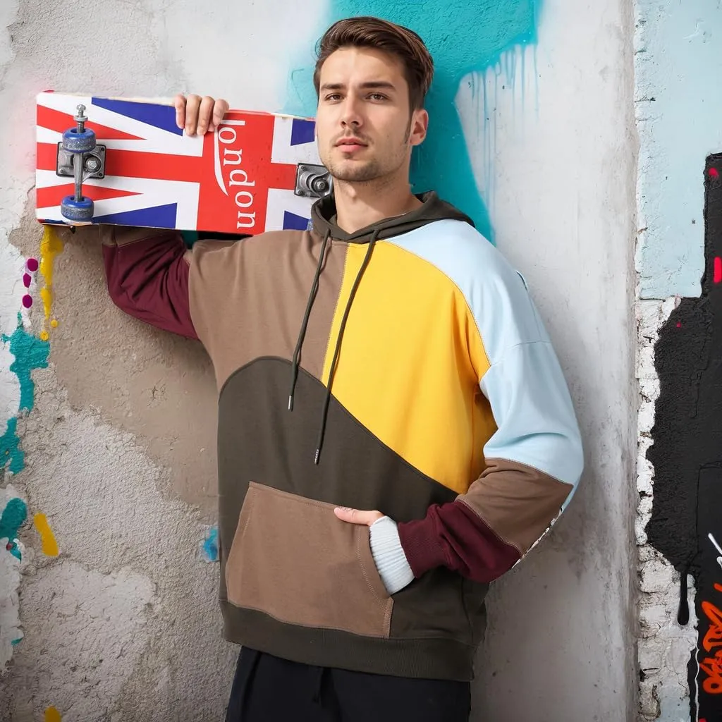 Men's Color Block Hoodie Hip Hop Hooded Streetwear Fashion Sweatshirt Pullover