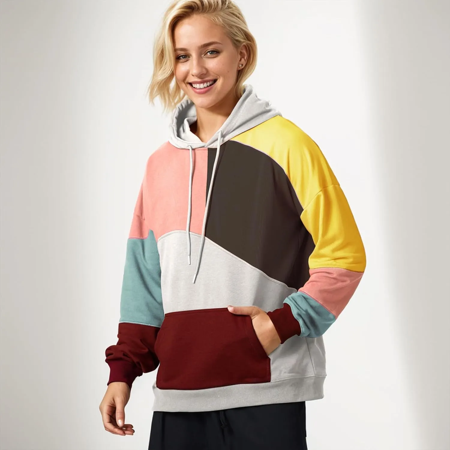 Men's Color Block Hoodie Hip Hop Hooded Streetwear Fashion Sweatshirt Pullover
