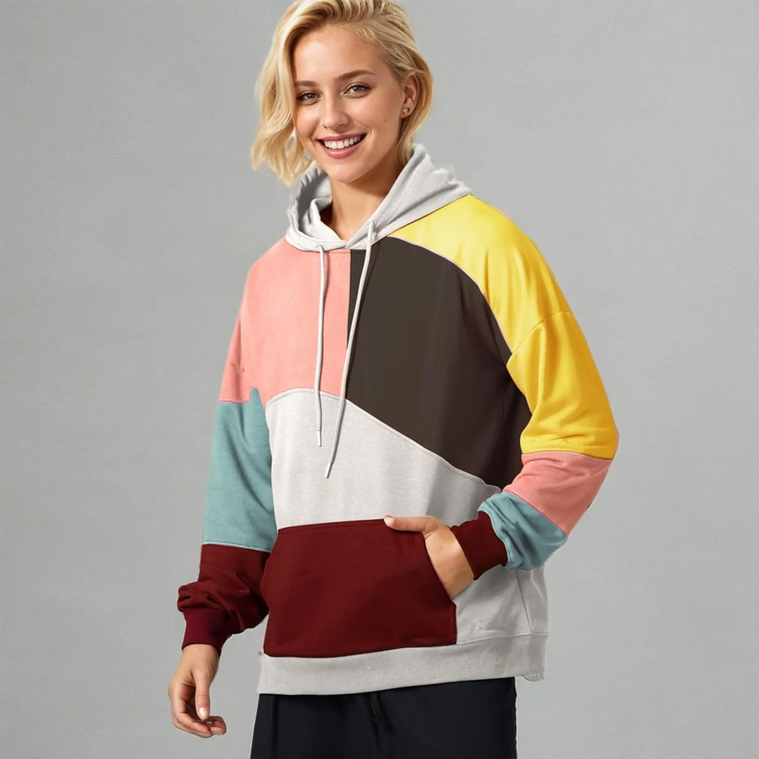 Men's Color Block Hoodie Hip Hop Hooded Streetwear Fashion Sweatshirt Pullover