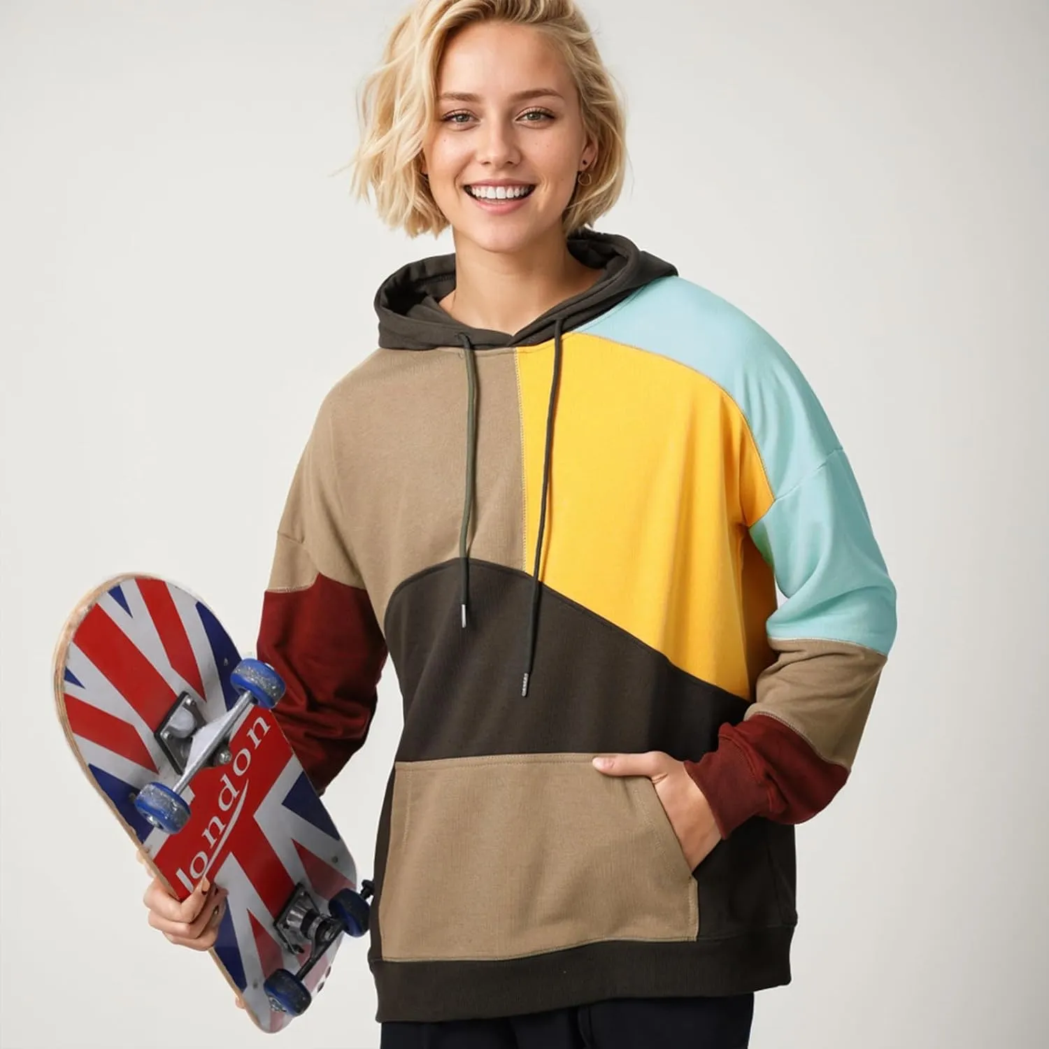 Men's Color Block Hoodie Hip Hop Hooded Streetwear Fashion Sweatshirt Pullover