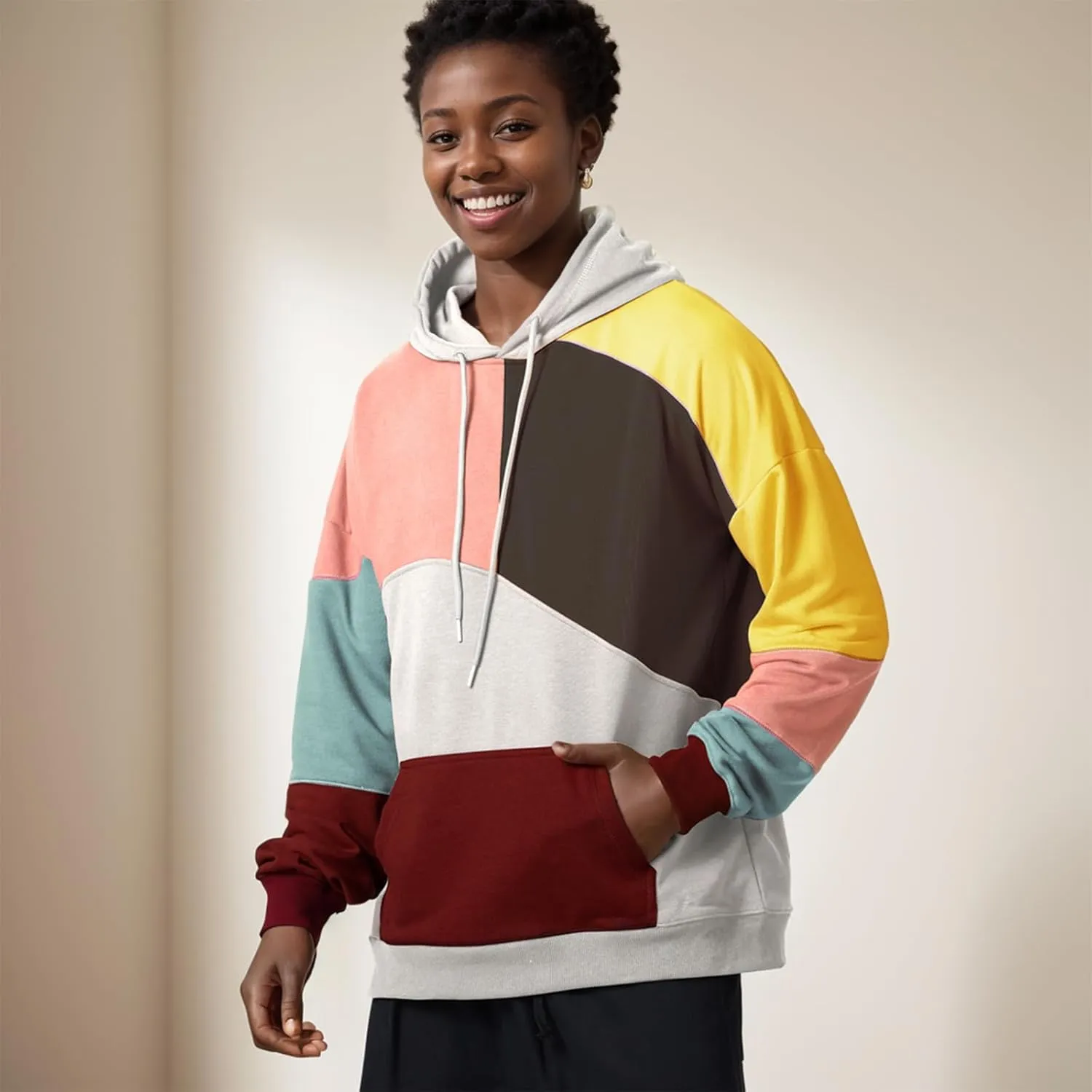 Men's Color Block Hoodie Hip Hop Hooded Streetwear Fashion Sweatshirt Pullover