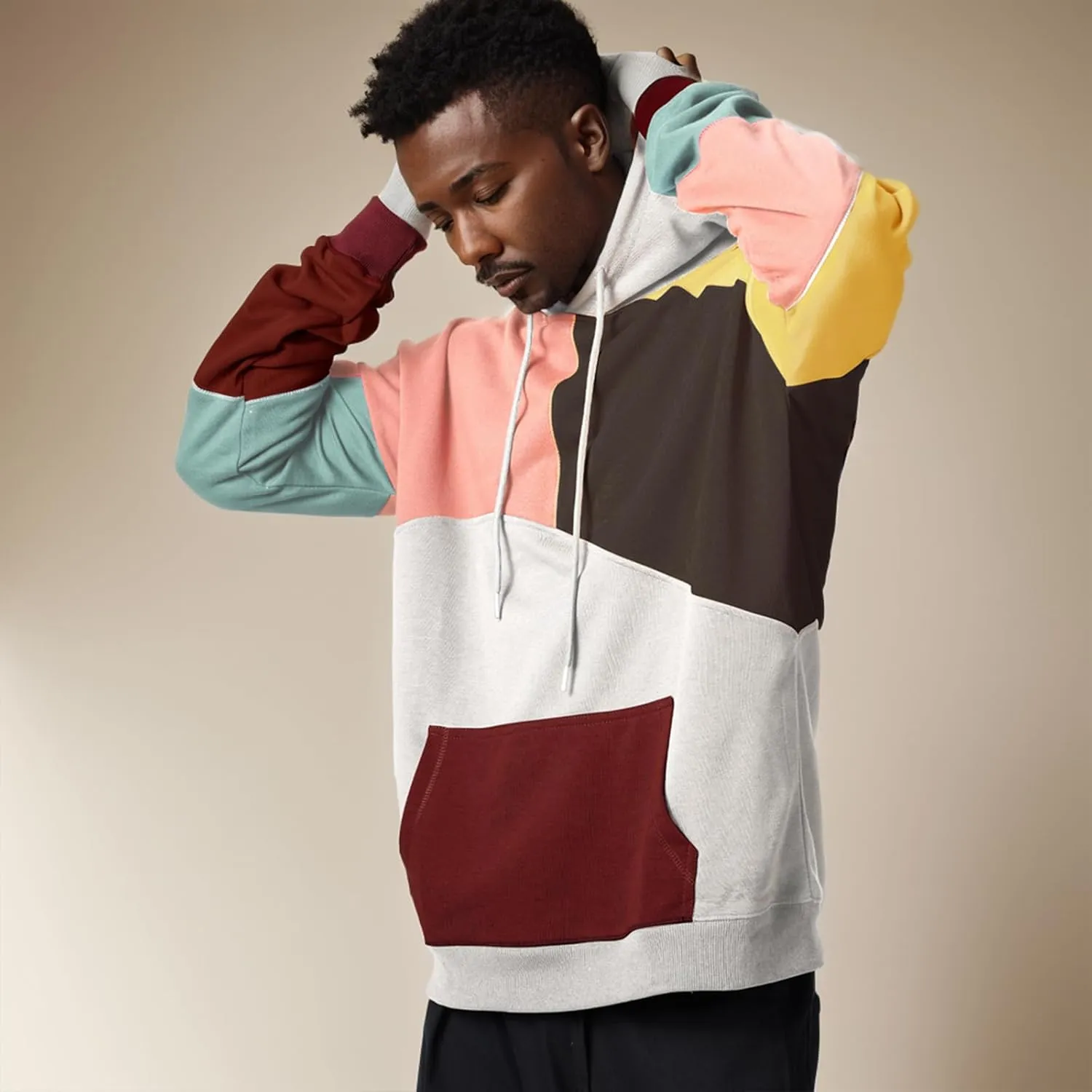 Men's Color Block Hoodie Hip Hop Hooded Streetwear Fashion Sweatshirt Pullover