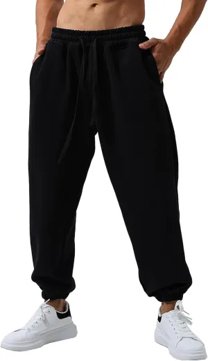 Men's Cotton Stretch Solid Workout Pants Elastic Waist Joggers Athletic Trousers Basic Drawstring Baggy Pants