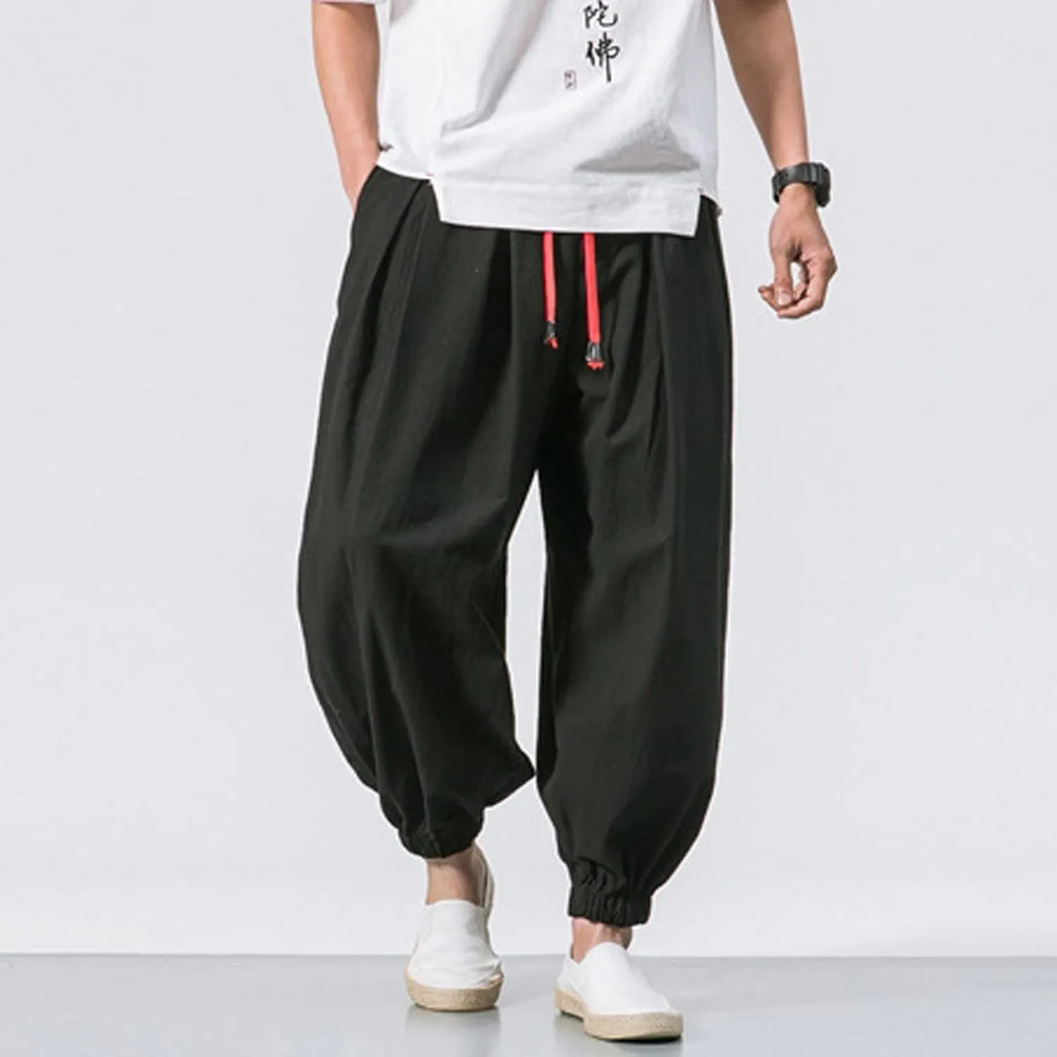 Mens Hippie Harem Pants Casual Elastic Drawstring Tapered Pants Solid Color Baggy Yoga Drop Crotch Trouser