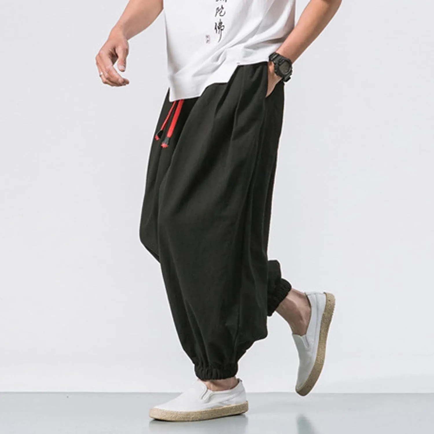 Mens Hippie Harem Pants Casual Elastic Drawstring Tapered Pants Solid Color Baggy Yoga Drop Crotch Trouser