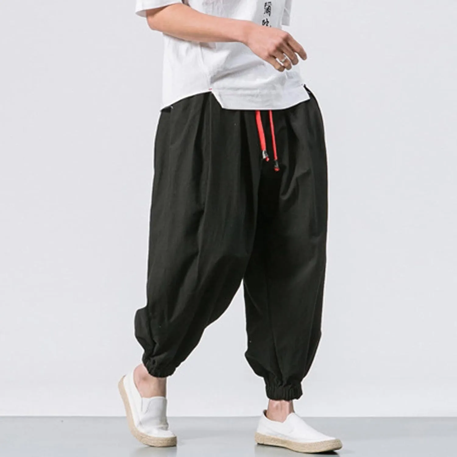 Mens Hippie Harem Pants Casual Elastic Drawstring Tapered Pants Solid Color Baggy Yoga Drop Crotch Trouser