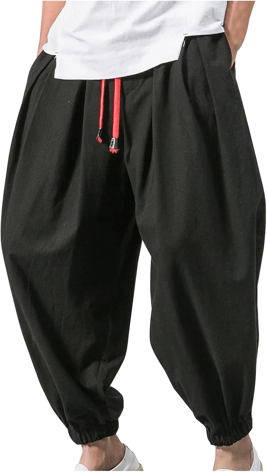 Mens Hippie Harem Pants Casual Elastic Drawstring Tapered Pants Solid Color Baggy Yoga Drop Crotch Trouser