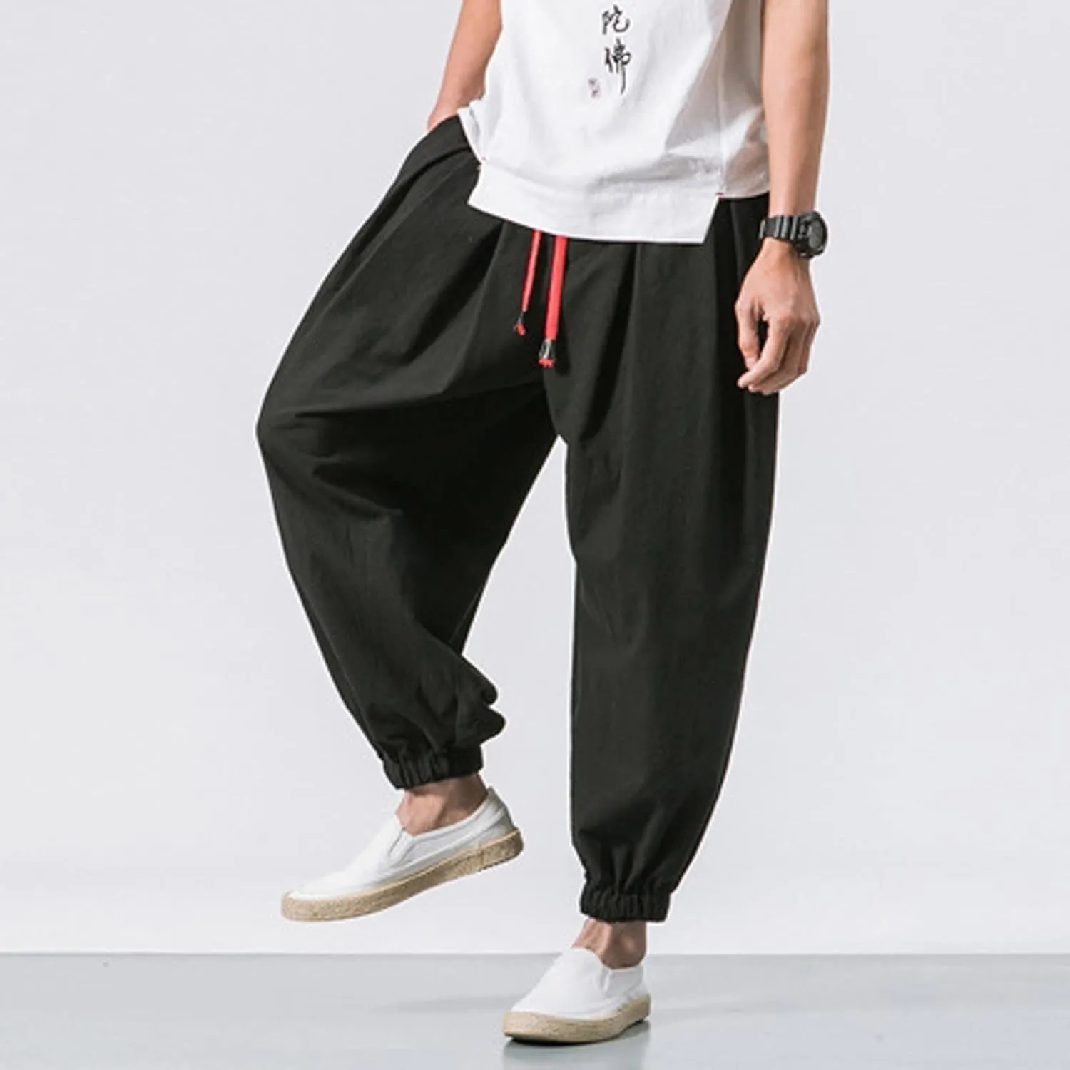 Mens Hippie Harem Pants Casual Elastic Drawstring Tapered Pants Solid Color Baggy Yoga Drop Crotch Trouser