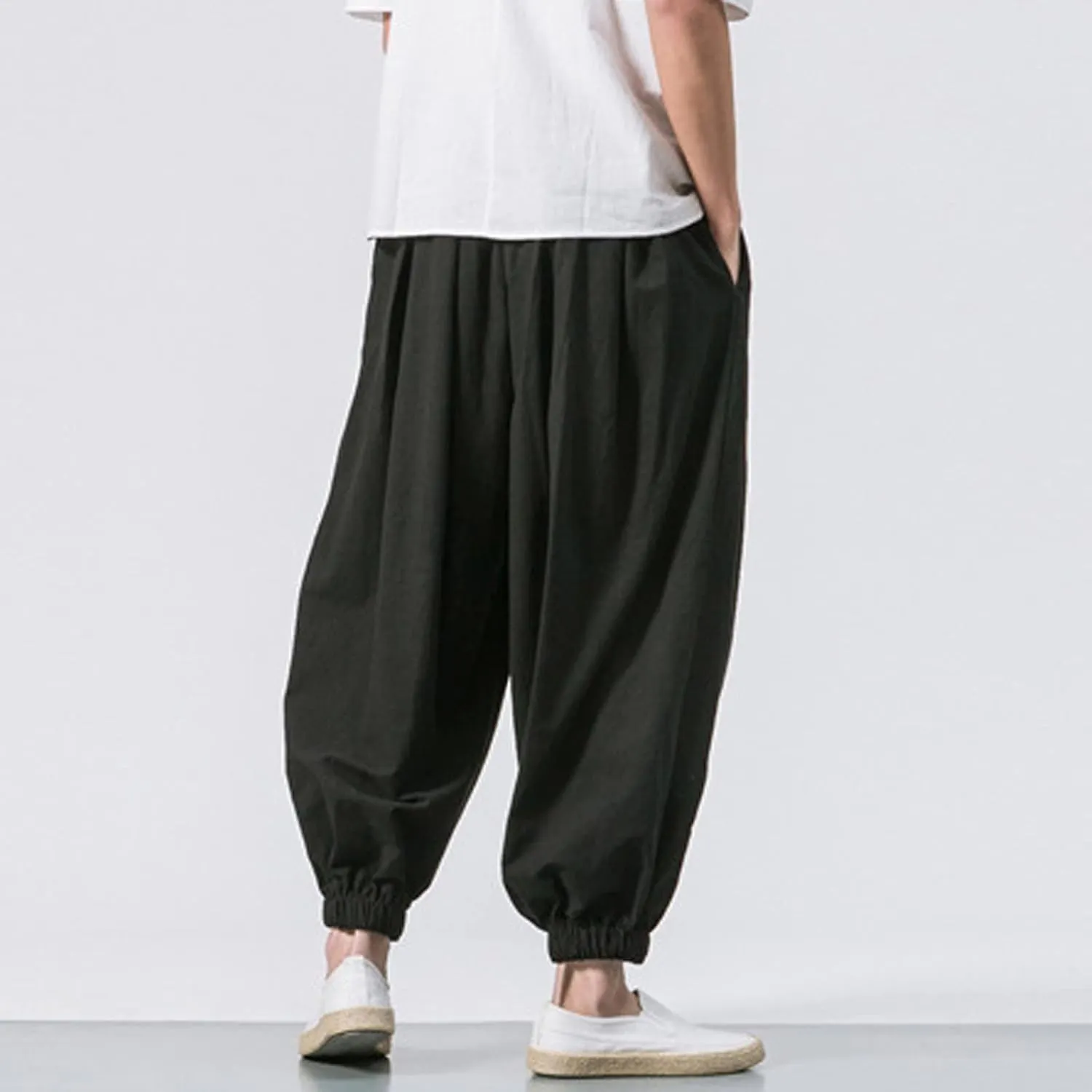Mens Hippie Harem Pants Casual Elastic Drawstring Tapered Pants Solid Color Baggy Yoga Drop Crotch Trouser