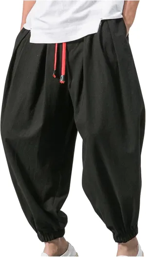 Mens Hippie Harem Pants Casual Elastic Drawstring Tapered Pants Solid Color Baggy Yoga Drop Crotch Trouser