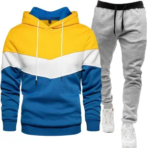 Mens Hooded Tracksuit Color Block Drawstring Long Sleeve Sweatshirt Jogging Pants 2 Piece Athletic Sweatsuit Outfits