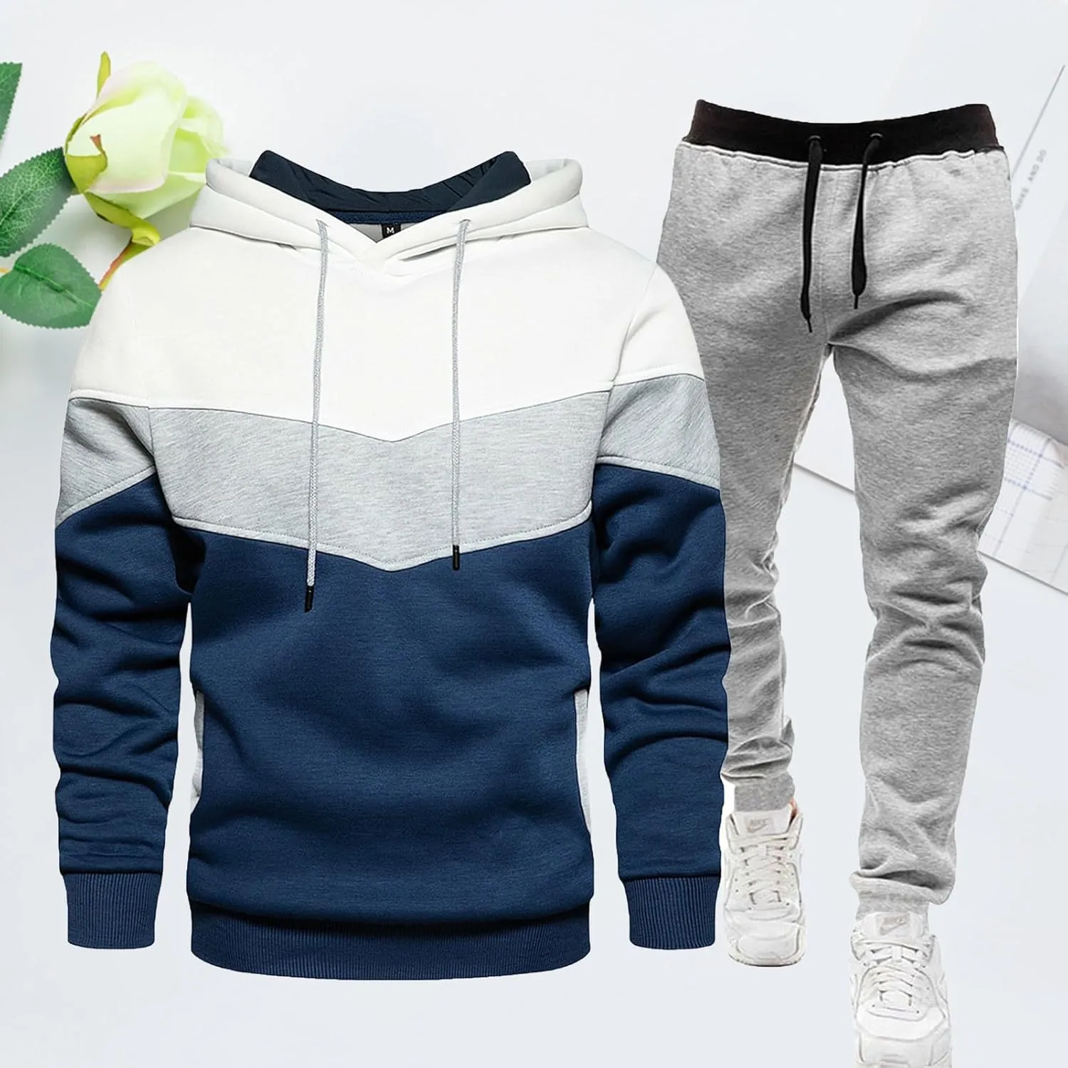Mens Hooded Tracksuit Color Block Drawstring Long Sleeve Sweatshirt Jogging Pants 2 Piece Athletic Sweatsuit Outfits