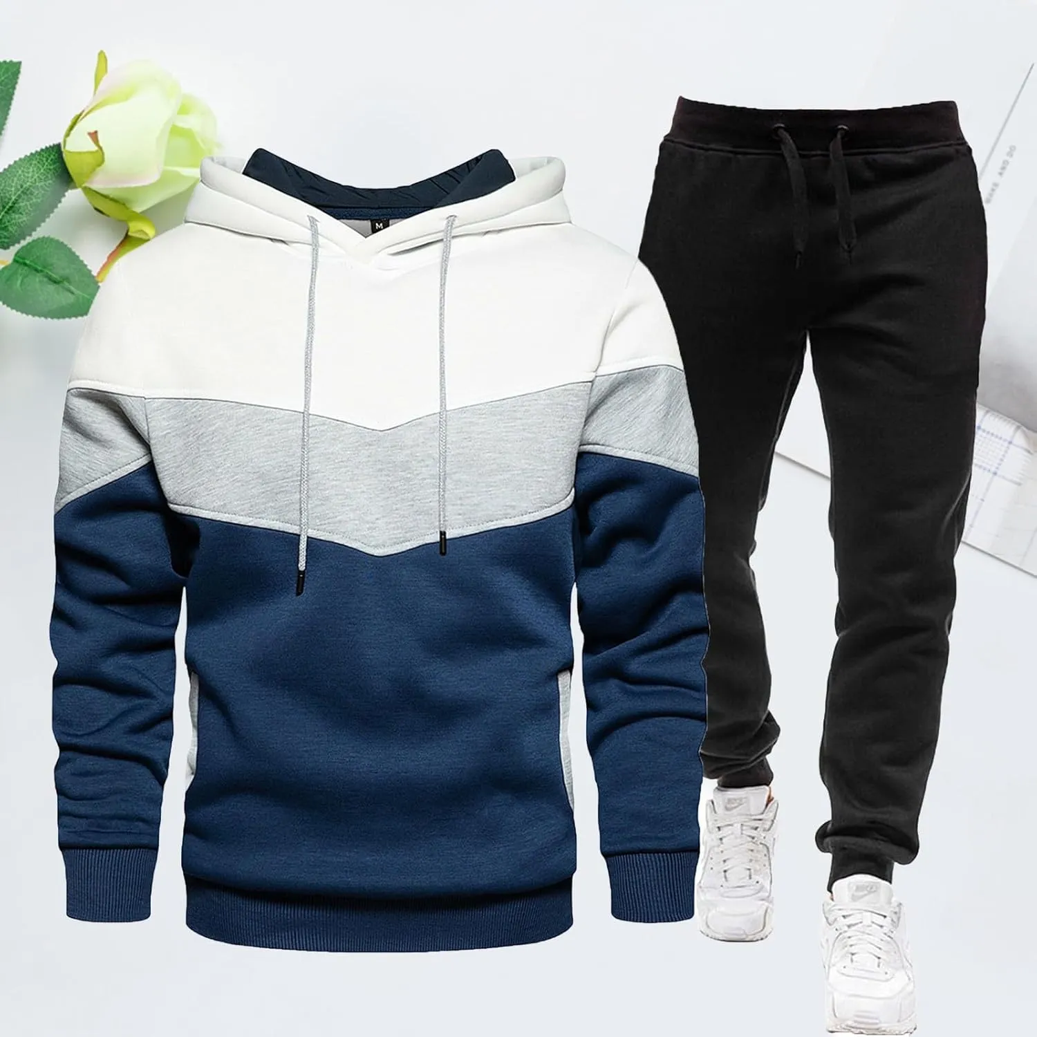 Mens Hooded Tracksuit Color Block Drawstring Long Sleeve Sweatshirt Jogging Pants 2 Piece Athletic Sweatsuit Outfits