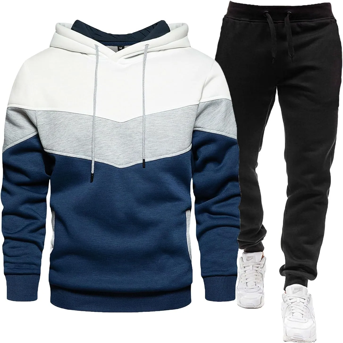Mens Hooded Tracksuit Color Block Drawstring Long Sleeve Sweatshirt Jogging Pants 2 Piece Athletic Sweatsuit Outfits