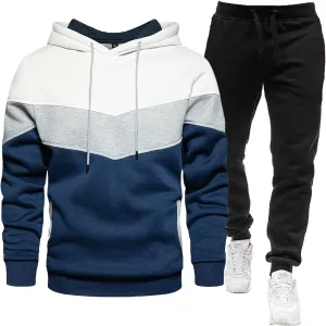 Mens Hooded Tracksuit Color Block Drawstring Long Sleeve Sweatshirt Jogging Pants 2 Piece Athletic Sweatsuit Outfits